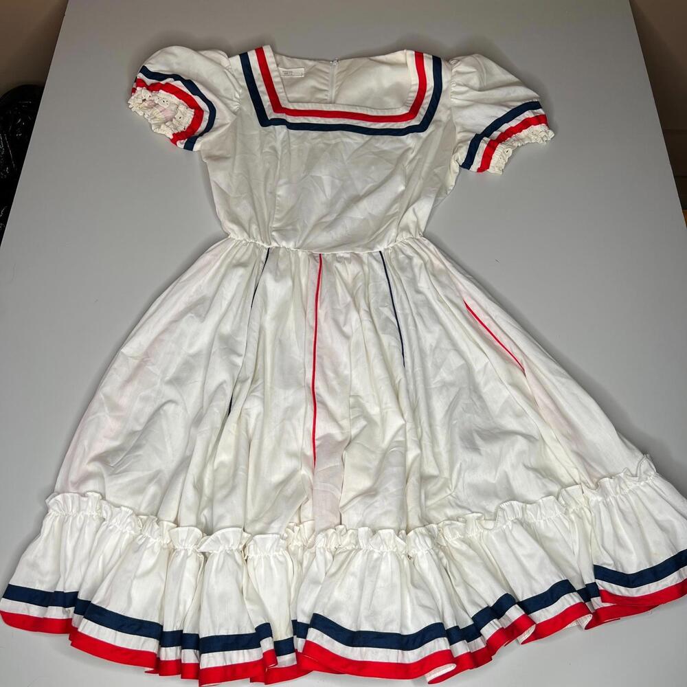 Vintage 70s Jeri Bee Square Dance Dress Women’s Size 12 Red White Blue Ruffle US